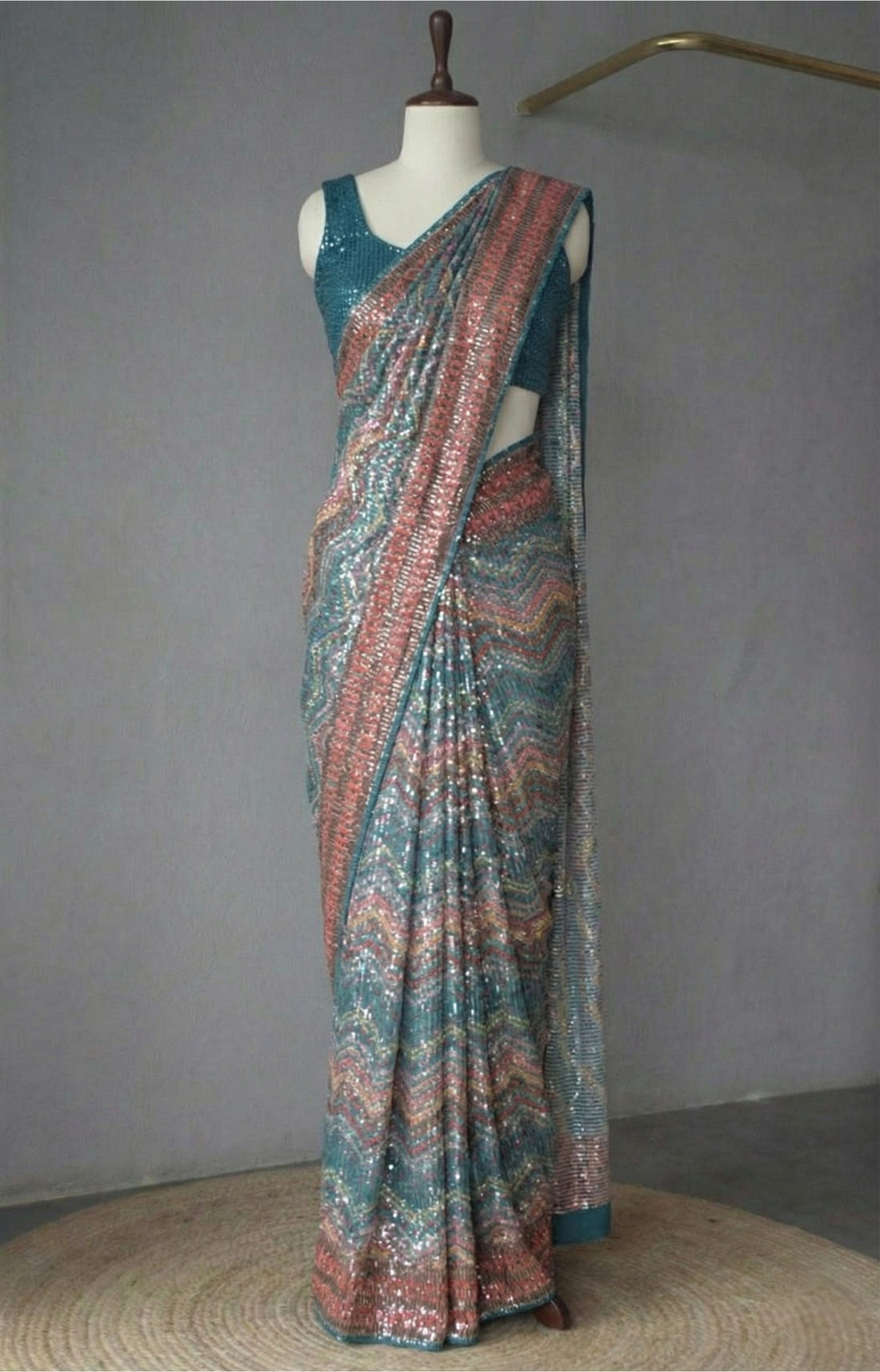 Teal Georgette Digital Print Saree with Full Sequins Contrast Border