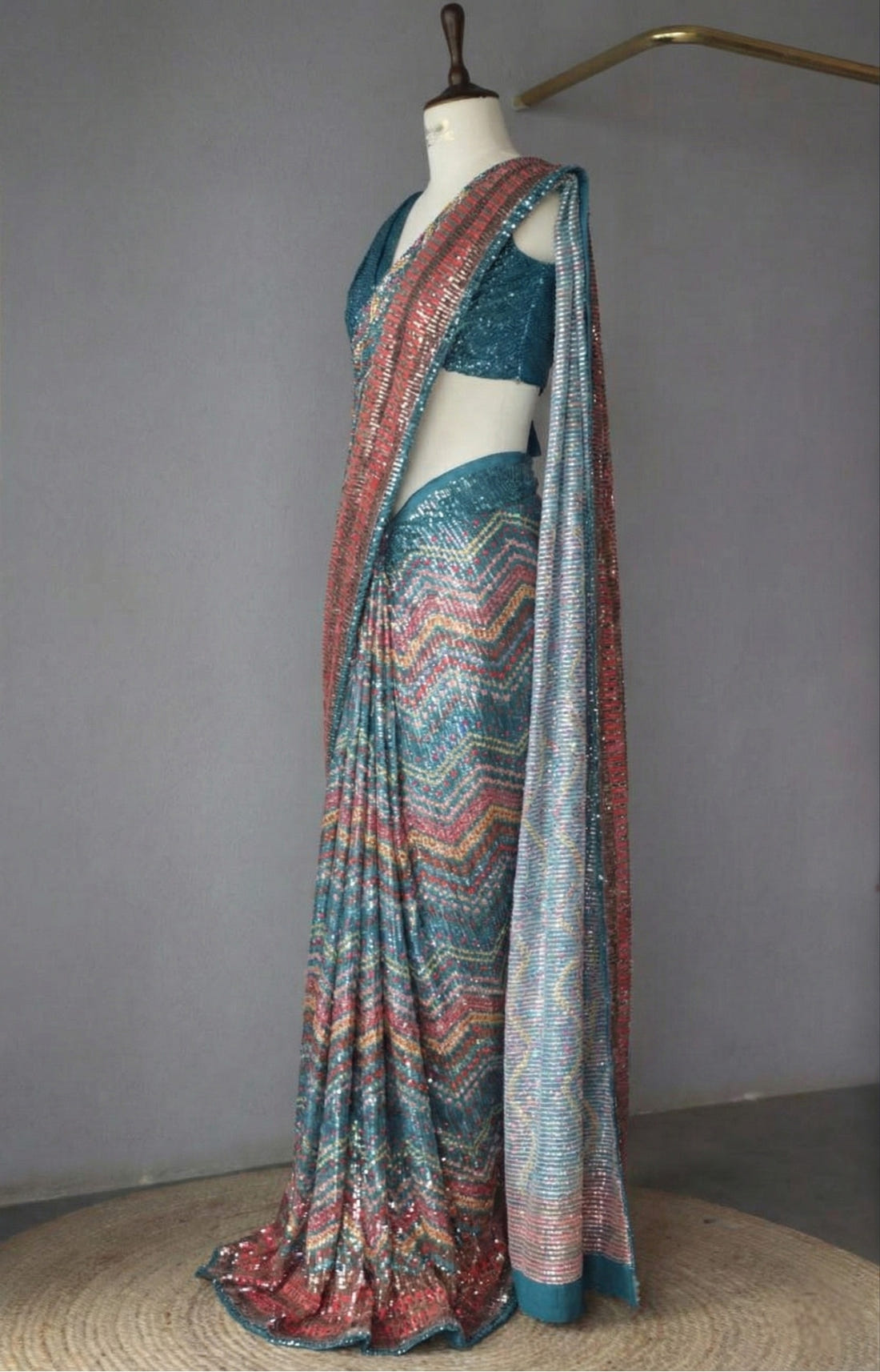 Teal Georgette Digital Print Saree with Full Sequins Contrast Border