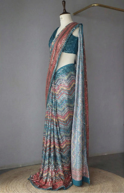 Teal Georgette Digital Print Saree with Full Sequins Contrast Border