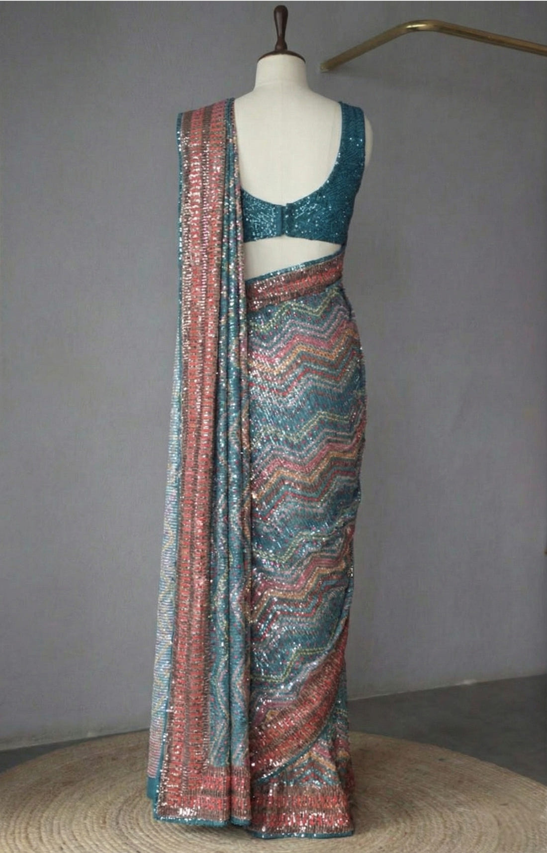 Teal Georgette Digital Print Saree with Full Sequins Contrast Border