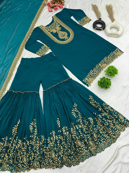 Teal Green Designer Blooming Faux Georgette Palazzo Top and Dupatta