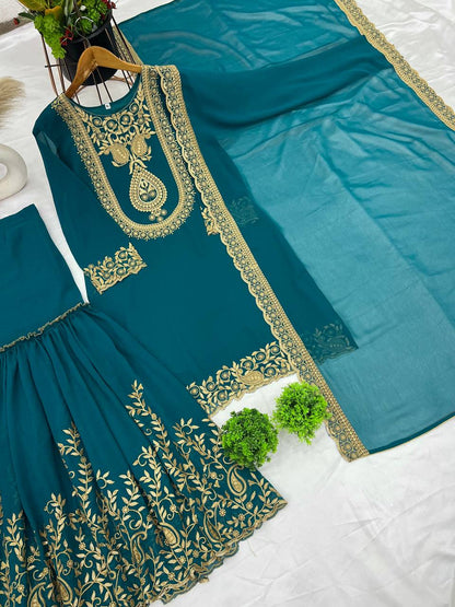 Teal Green Designer Blooming Faux Georgette Palazzo Top and Dupatta