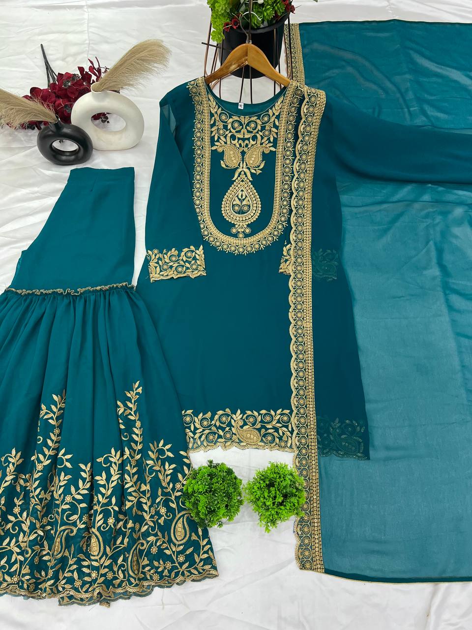 Teal Green Designer Blooming Faux Georgette Palazzo Top and Dupatta