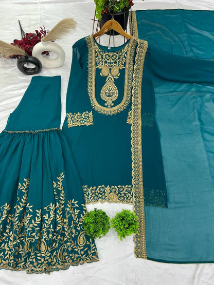 Teal Green Designer Blooming Faux Georgette Palazzo Top and Dupatta