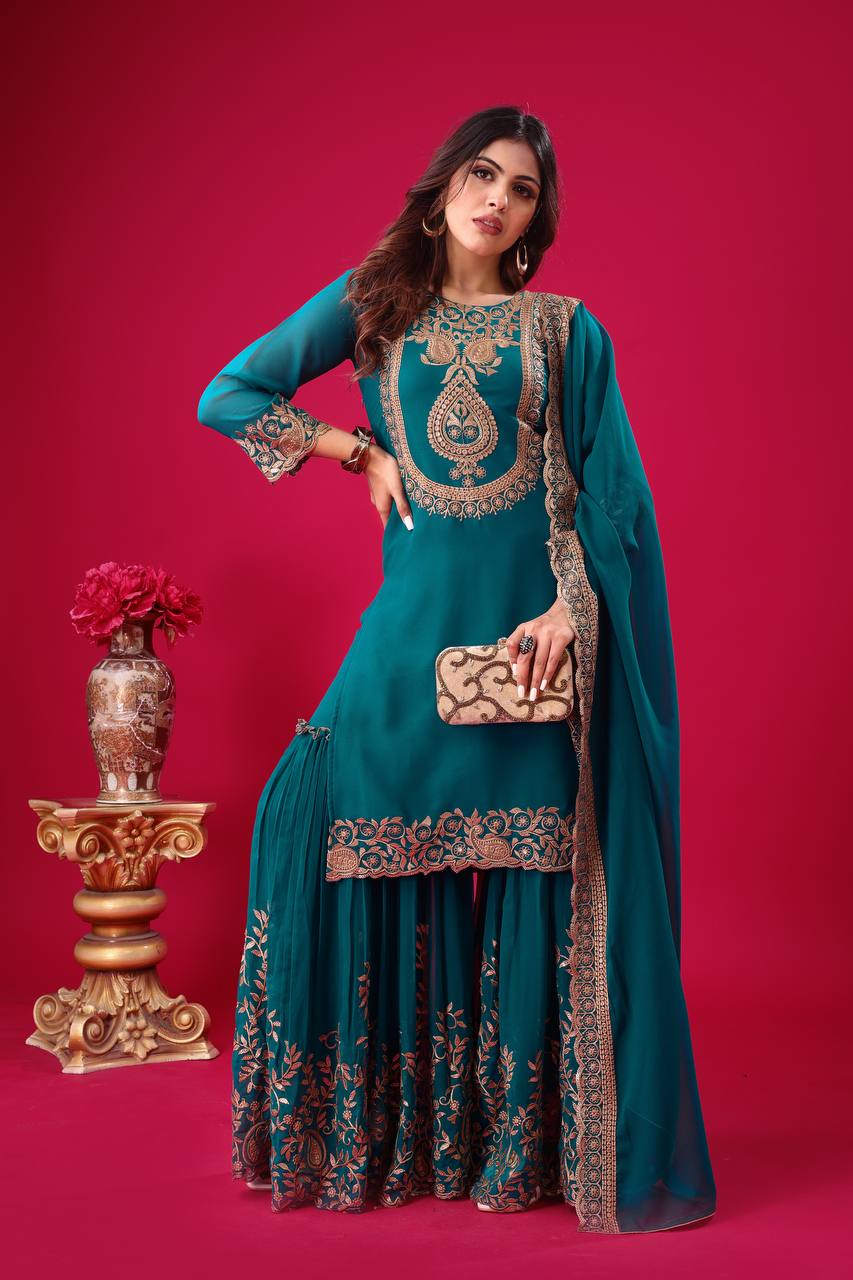 Teal Green Designer Blooming Faux Georgette Palazzo Top and Dupatta