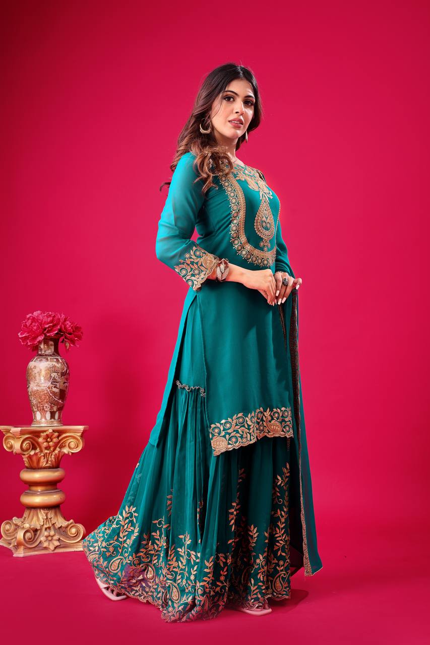 Teal Green Designer Blooming Faux Georgette Palazzo Top and Dupatta