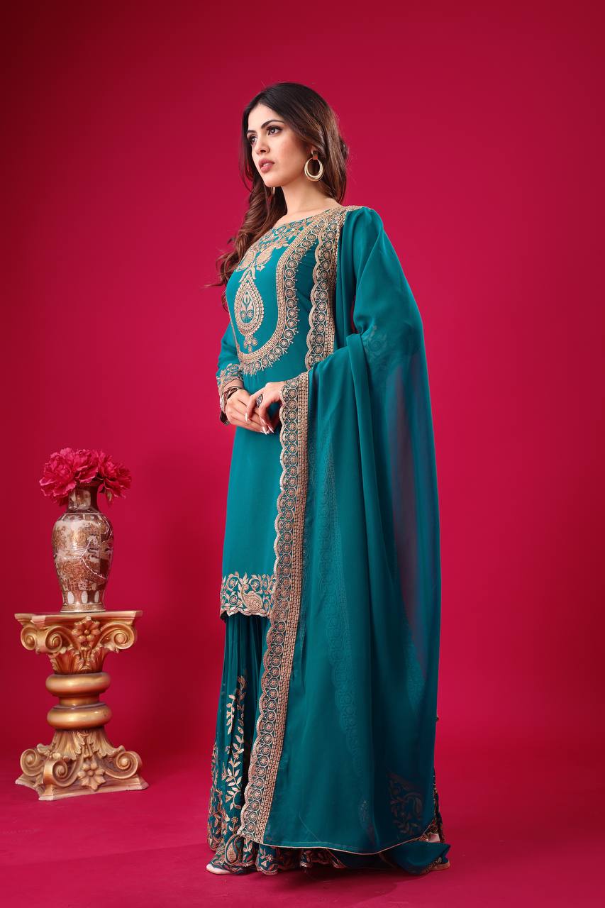 Teal Green Designer Blooming Faux Georgette Palazzo Top and Dupatta