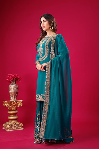 Teal Green Designer Blooming Faux Georgette Palazzo Top and Dupatta