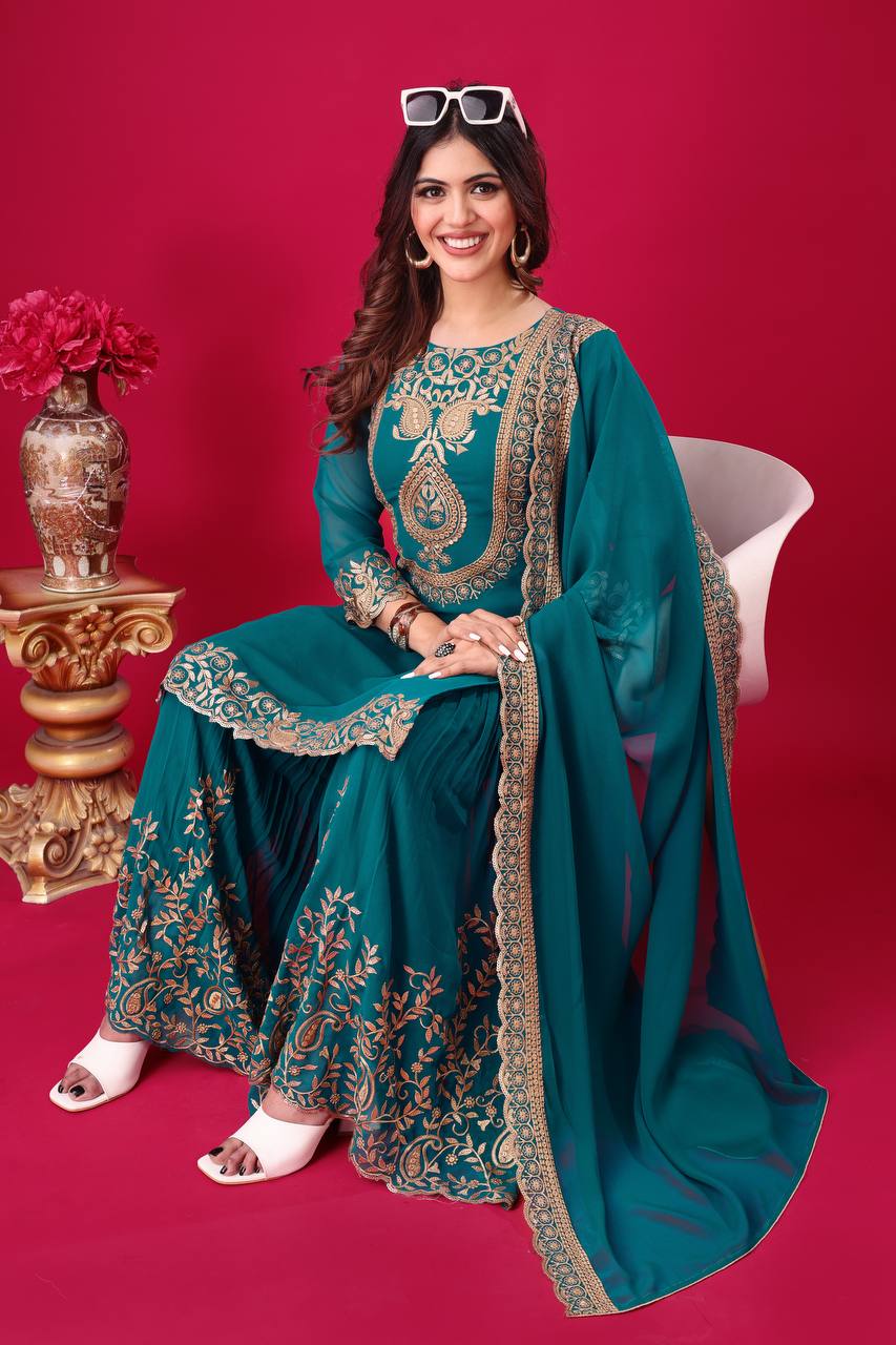 Teal Green Designer Blooming Faux Georgette Palazzo Top and Dupatta