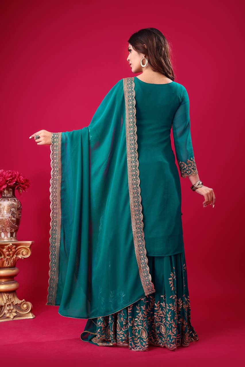 Teal Green Designer Blooming Faux Georgette Palazzo Top and Dupatta