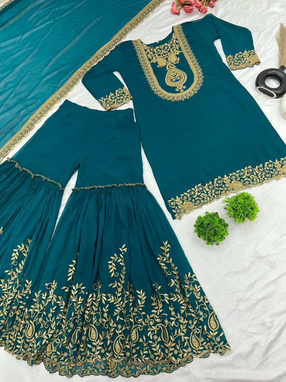 Teal Green Designer Blooming Faux Georgette Palazzo Top and Dupatta