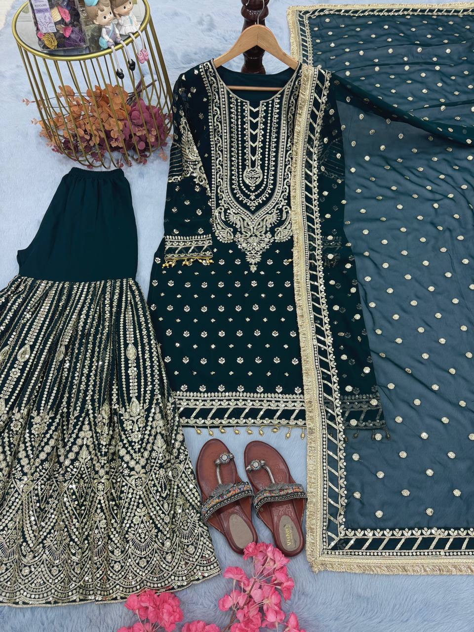 Teal Green Designer Farshi Plazzo Top and Dupatta For Nikah Wear