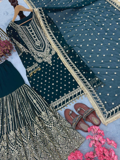 Teal Green Designer Farshi Plazzo Top and Dupatta For Nikah Wear