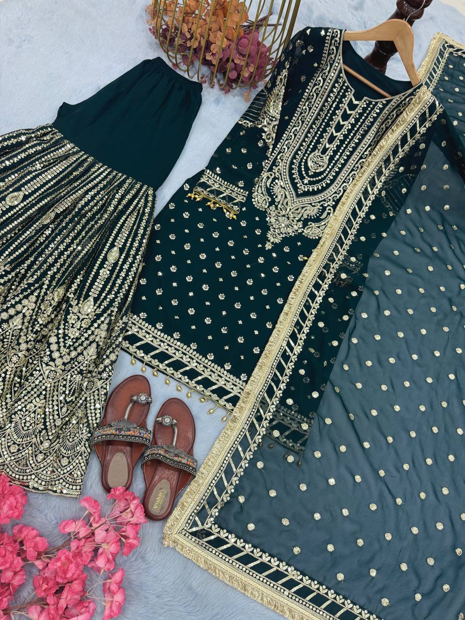 Teal Green Designer Farshi Plazzo Top and Dupatta For Nikah Wear
