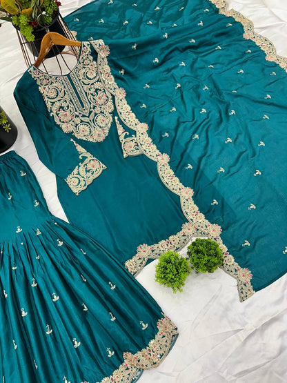 Teal Green Designer Pure Chinnon Silk Dori Palazzo Top and Dupatta