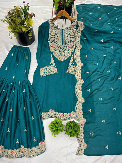 Teal Green Designer Pure Chinnon Silk Dori Palazzo Top and Dupatta