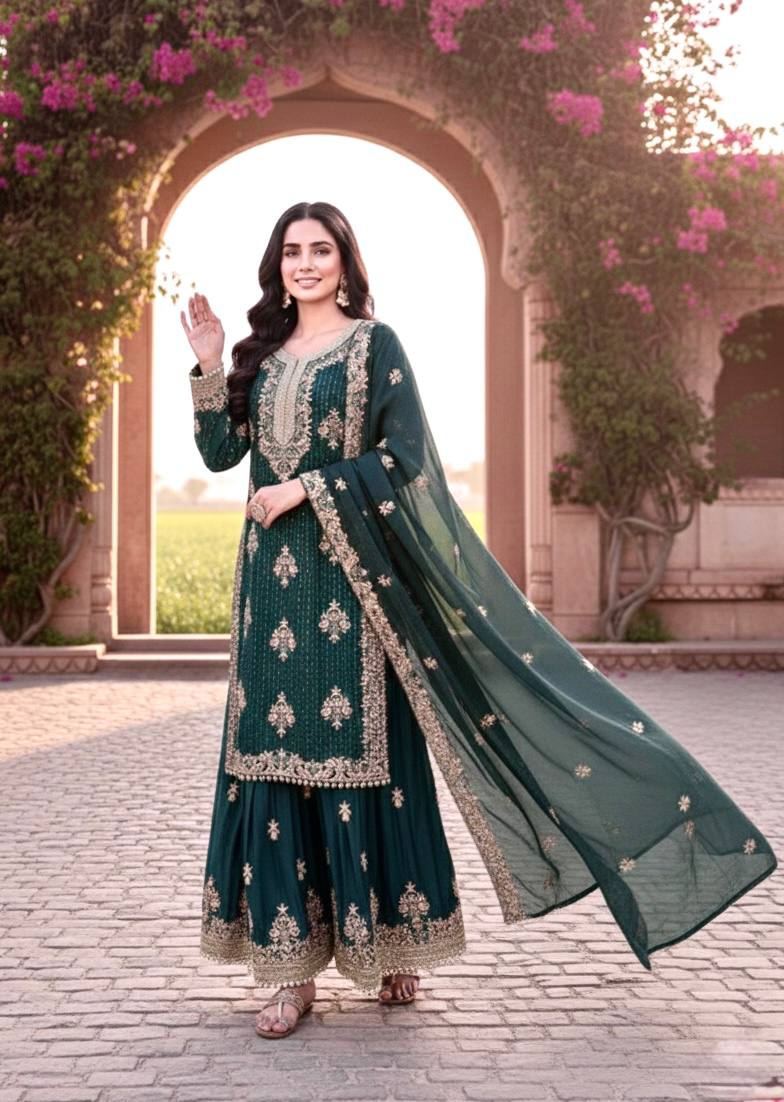Teal Green Designer Pure GMY Silk Plazzo Top and Dupatta For Party Wear