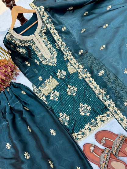 Teal Green Designer Pure GMY Silk Plazzo Top and Dupatta For Party Wear