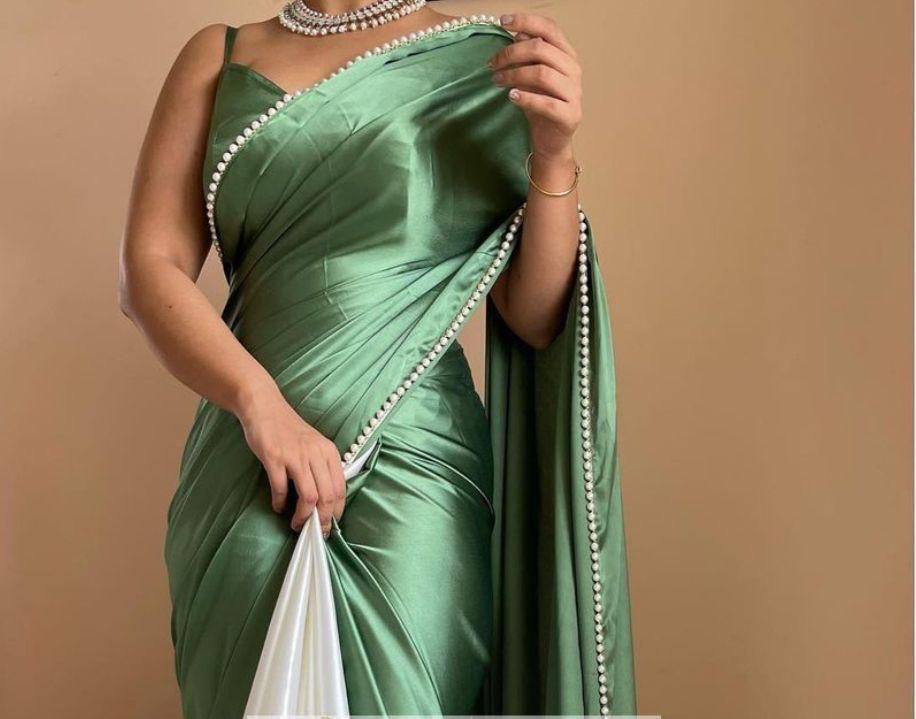 Teal Green Satin Saree with Moti Lace Border and Matching Blouse