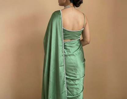 Teal Green Satin Saree with Moti Lace Border and Matching Blouse
