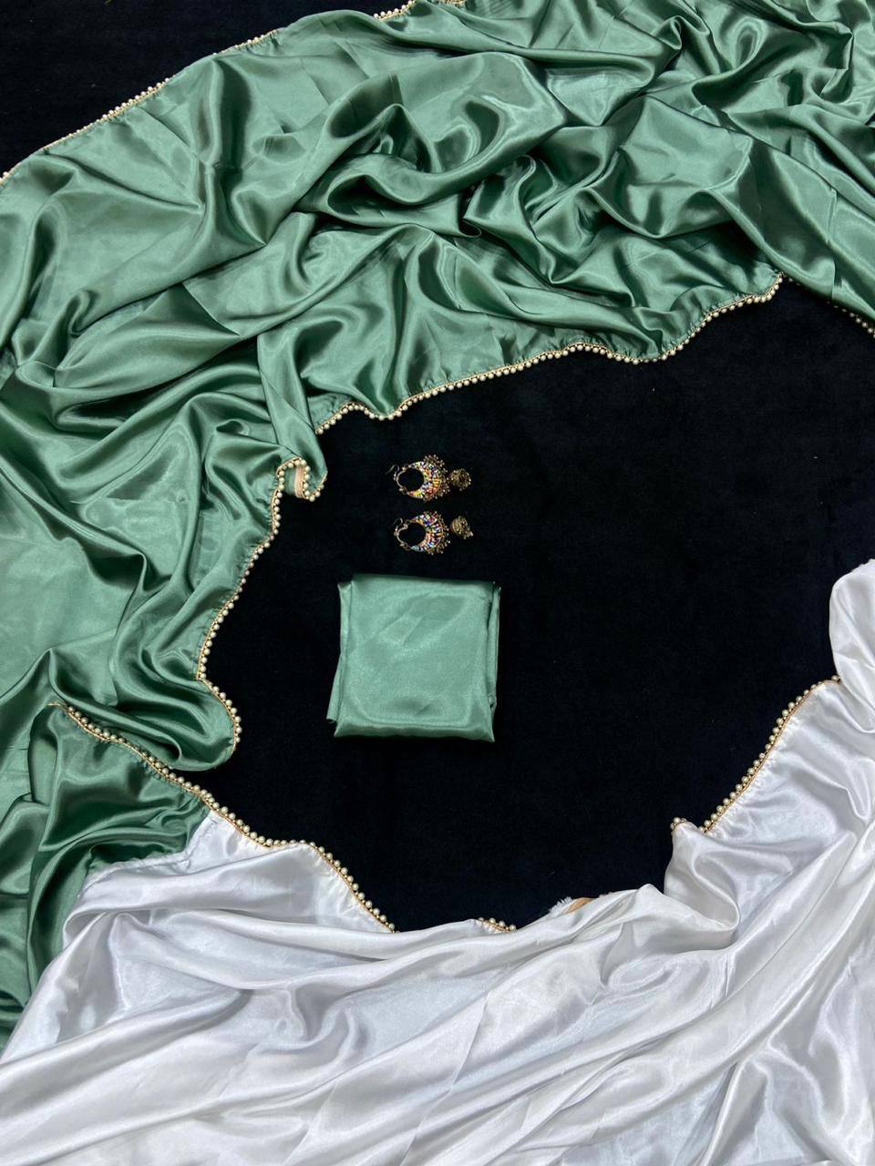 Teal Green Satin Saree with Moti Lace Border and Matching Blouse