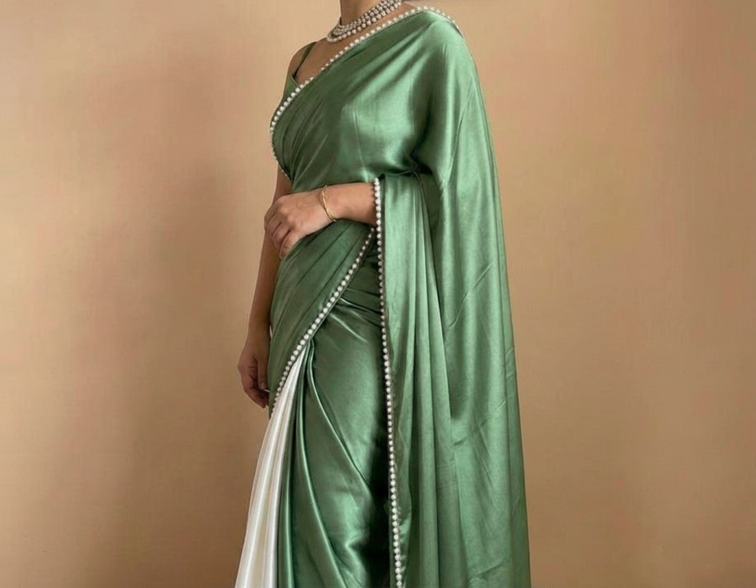 Teal Green Satin Saree with Moti Lace Border and Matching Blouse