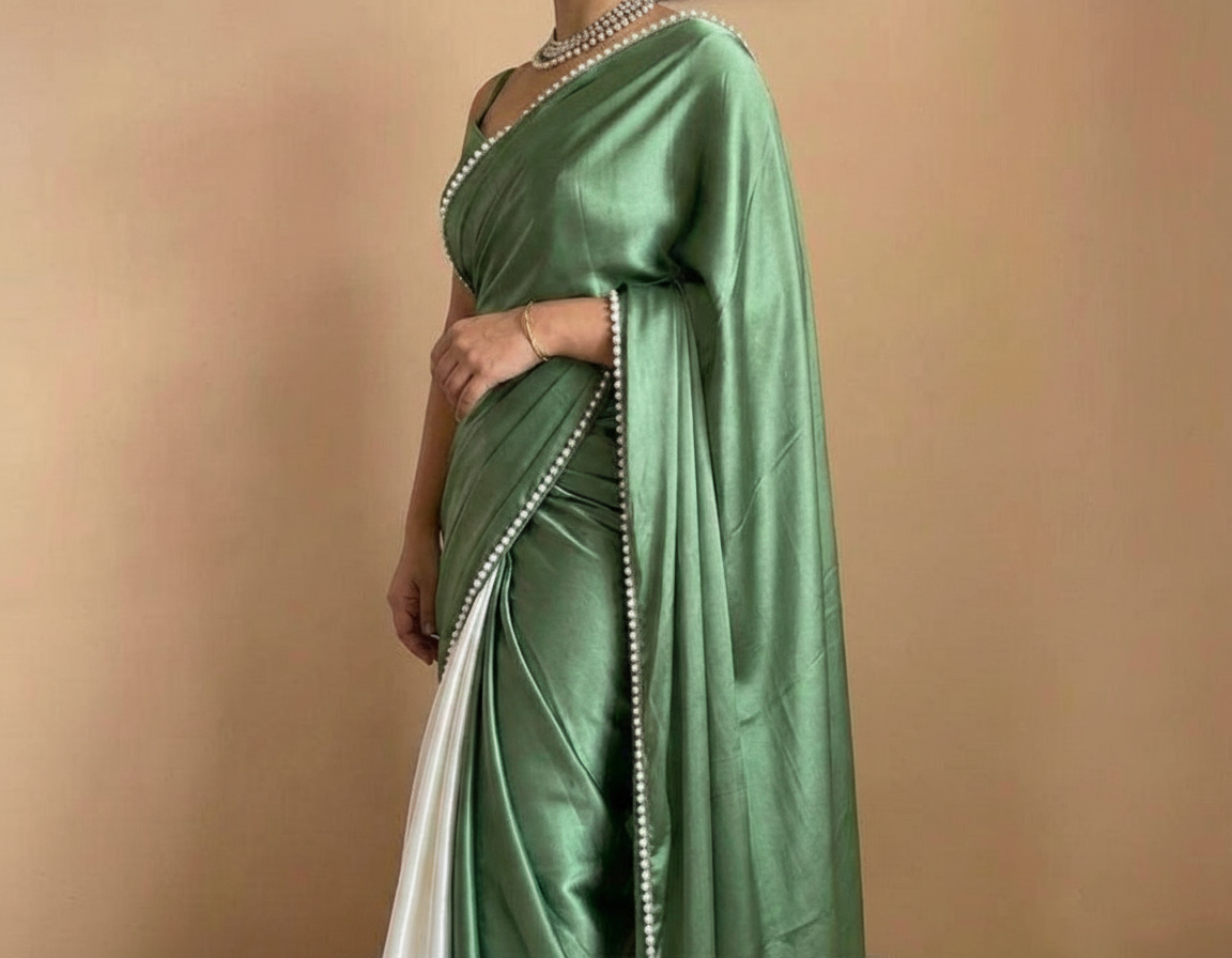 Teal Green Satin Saree with Moti Lace Border and Matching Blouse
