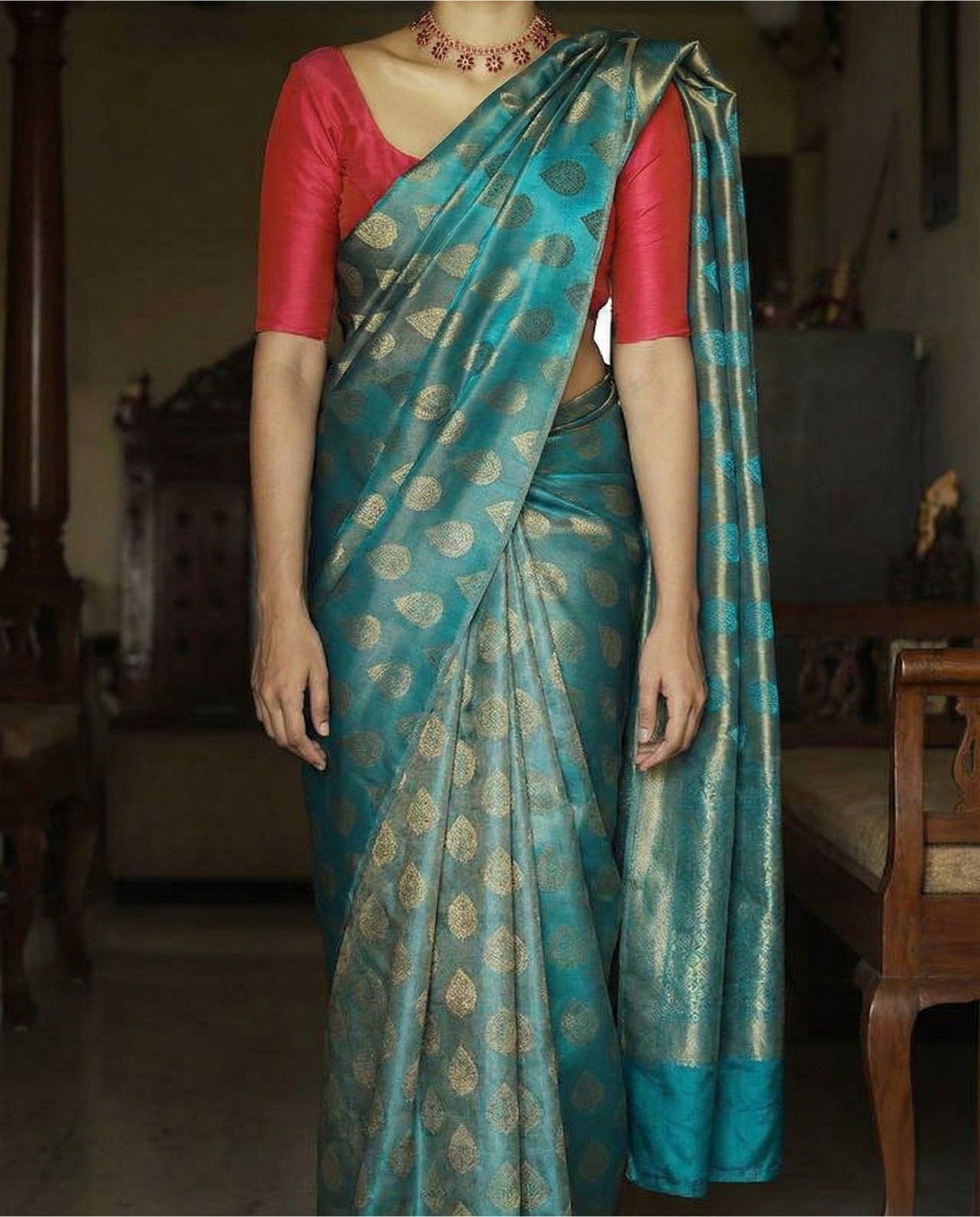 Teal Traditional Kanchipuram Silk Saree with Rich Zari Weaving Border
