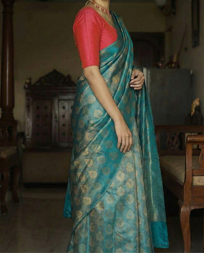 Teal Traditional Kanchipuram Silk Saree with Rich Zari Weaving Border