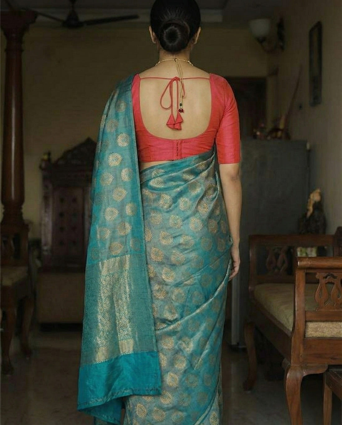 Teal Traditional Kanchipuram Silk Saree with Rich Zari Weaving Border