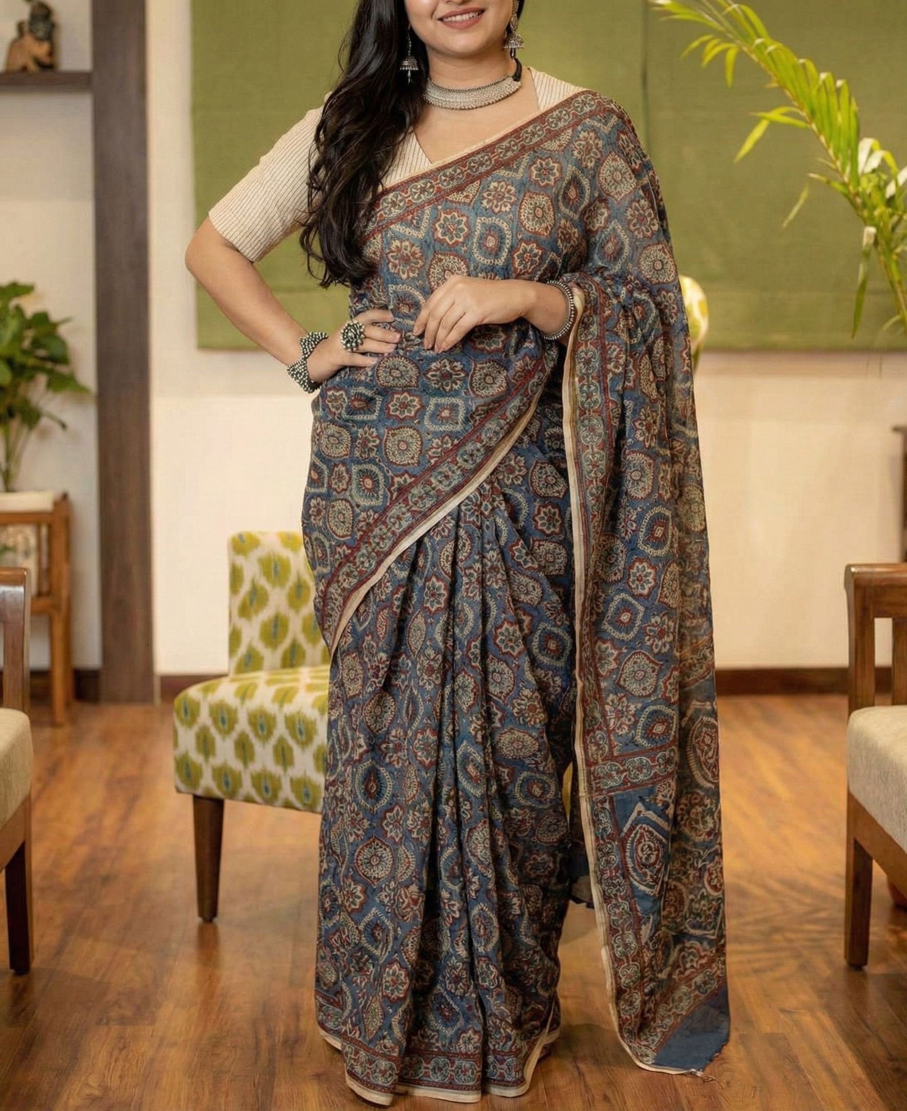 Tealish Blue Mulmul Cotton Digital Print Saree with Banglori Blouse
