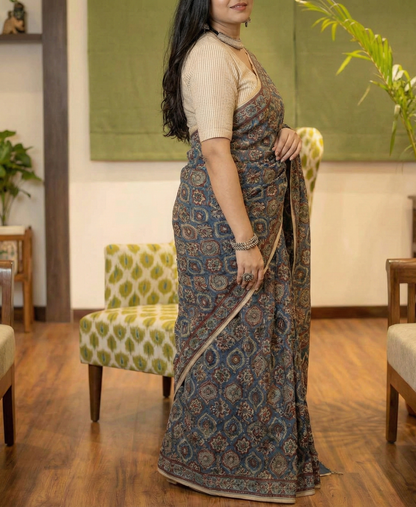 Tealish Blue Mulmul Cotton Digital Print Saree with Banglori Blouse