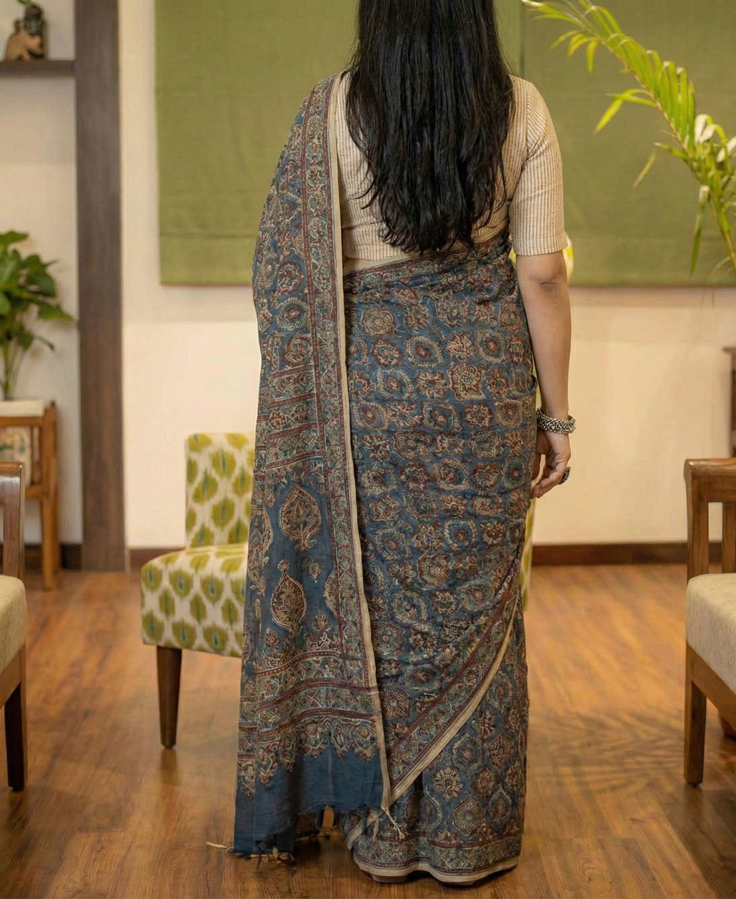 Tealish Blue Mulmul Cotton Digital Print Saree with Banglori Blouse