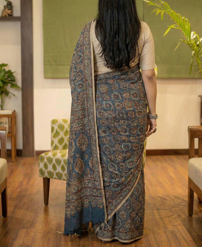 Tealish Blue Mulmul Cotton Digital Print Saree with Banglori Blouse