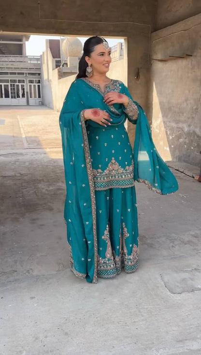 Turquoise Blue Designer Chinnon Silk Sharara and Dupatta For Party Wear