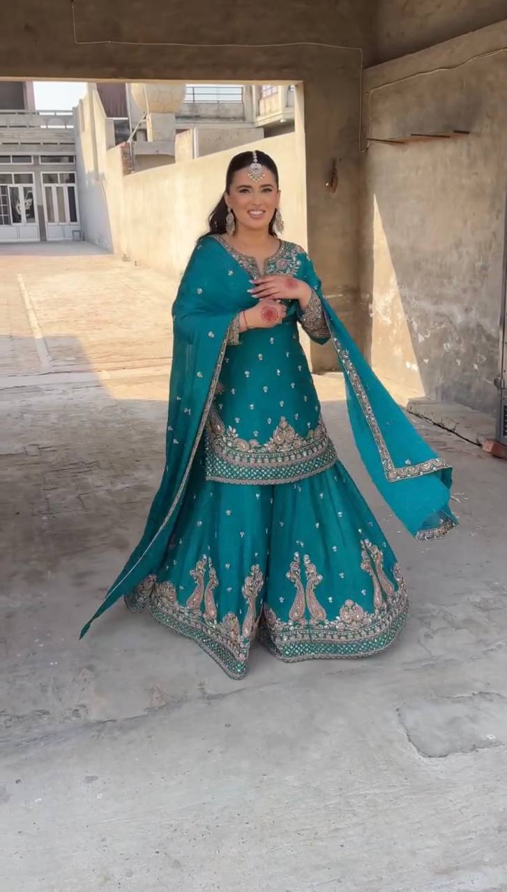 Turquoise Blue Designer Chinnon Silk Sharara and Dupatta For Party Wear