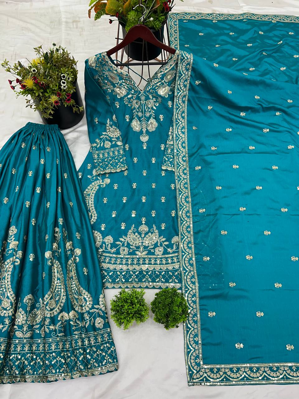 Turquoise Blue Designer Chinnon Silk Sharara and Dupatta For Party Wear