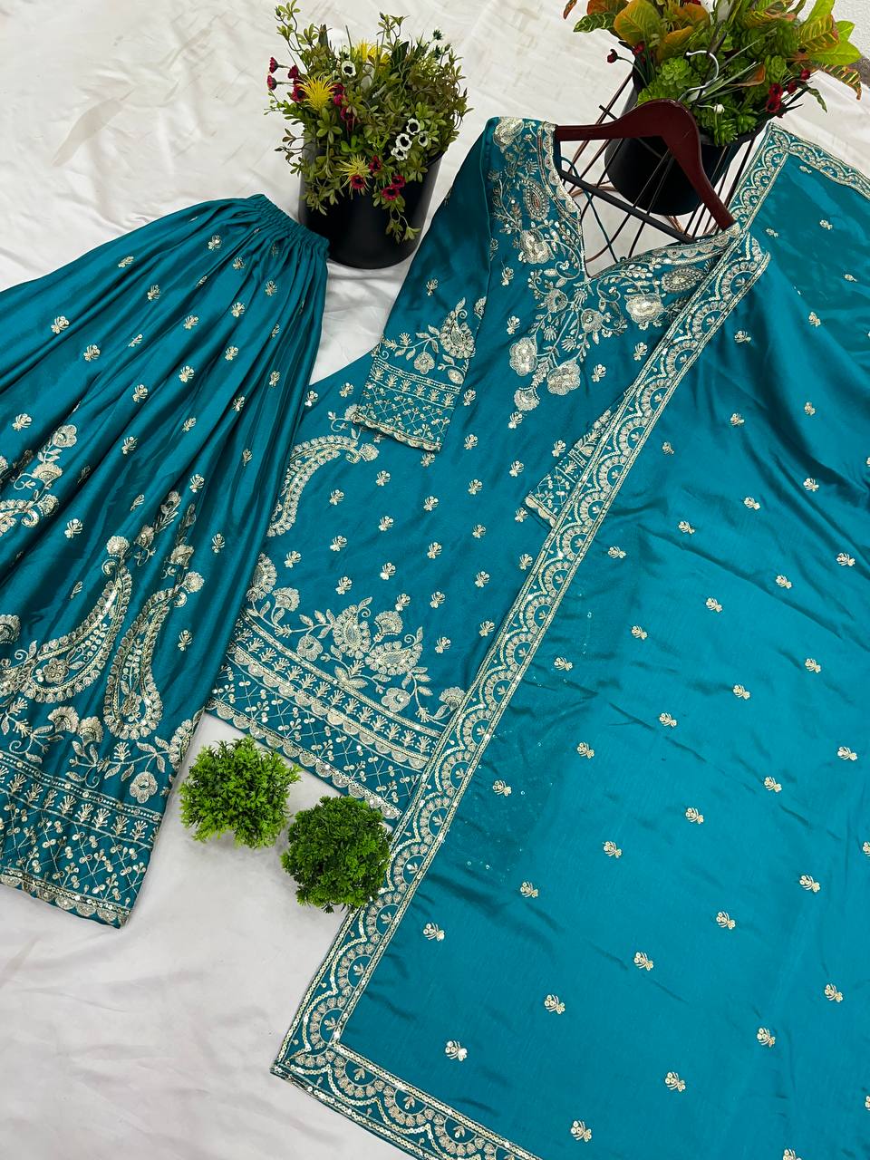 Turquoise Blue Designer Chinnon Silk Sharara and Dupatta For Party Wear