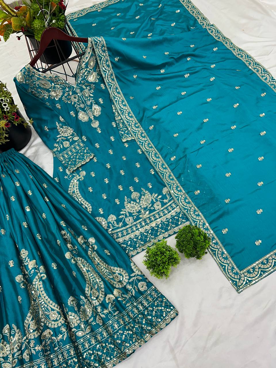 Turquoise Blue Designer Chinnon Silk Sharara and Dupatta For Party Wear