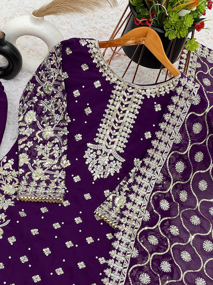 Violet Designer Faux Georgette Palazzo Top Dupatta For Party Wear