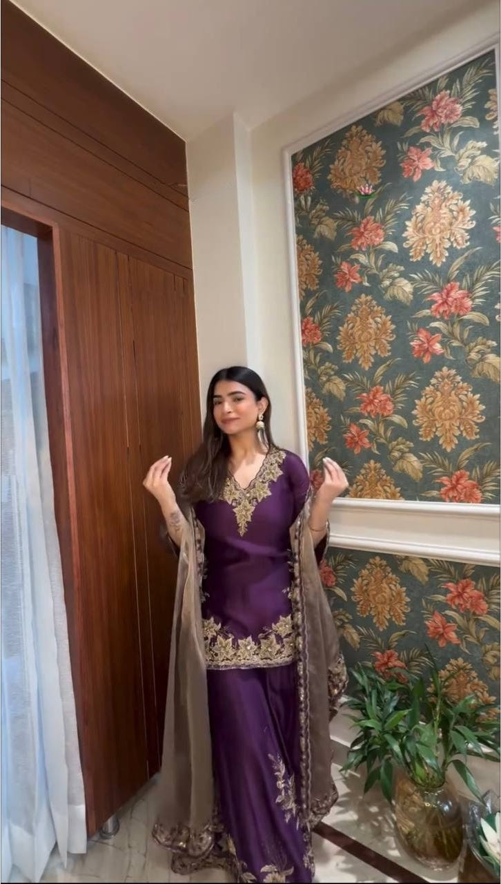 Violet Designer Pure Chinnon Silk Embroidered Palazzo Top and Dupatta