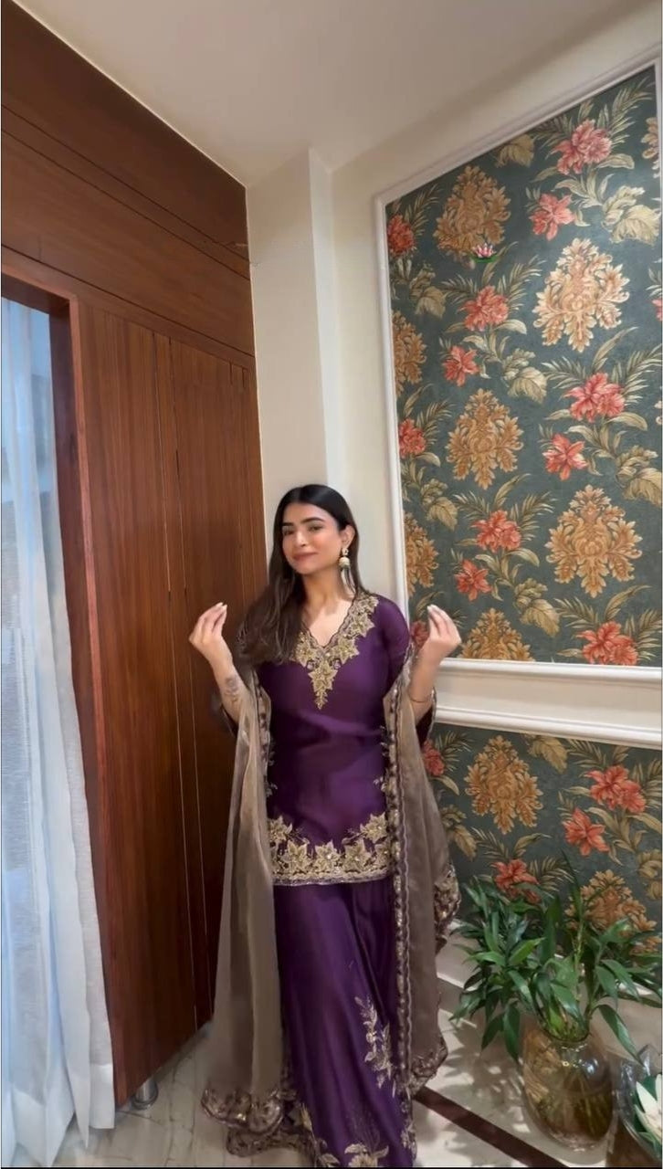 Violet Designer Pure Chinnon Silk Embroidered Palazzo Top and Dupatta