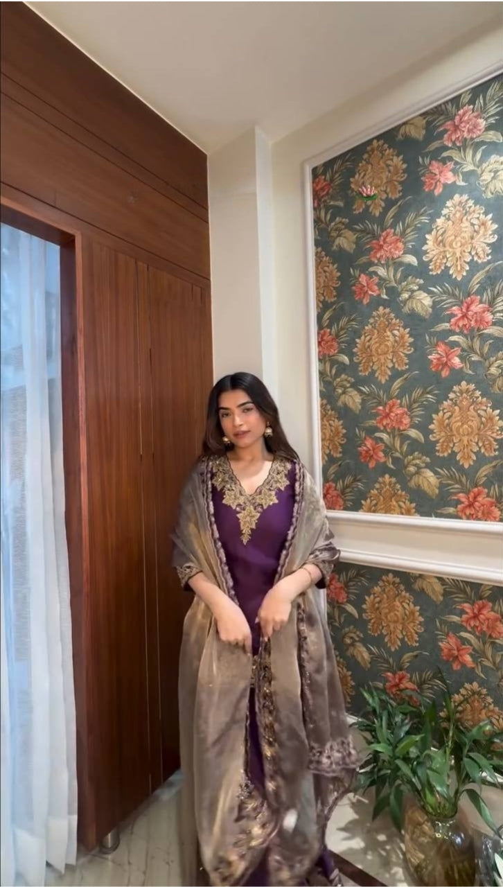 Violet Designer Pure Chinnon Silk Embroidered Palazzo Top and Dupatta