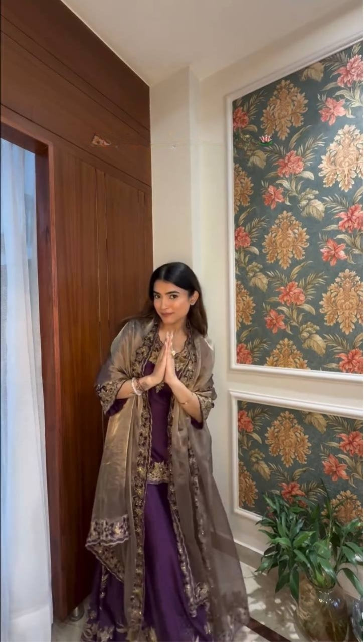 Violet Designer Pure Chinnon Silk Embroidered Palazzo Top and Dupatta