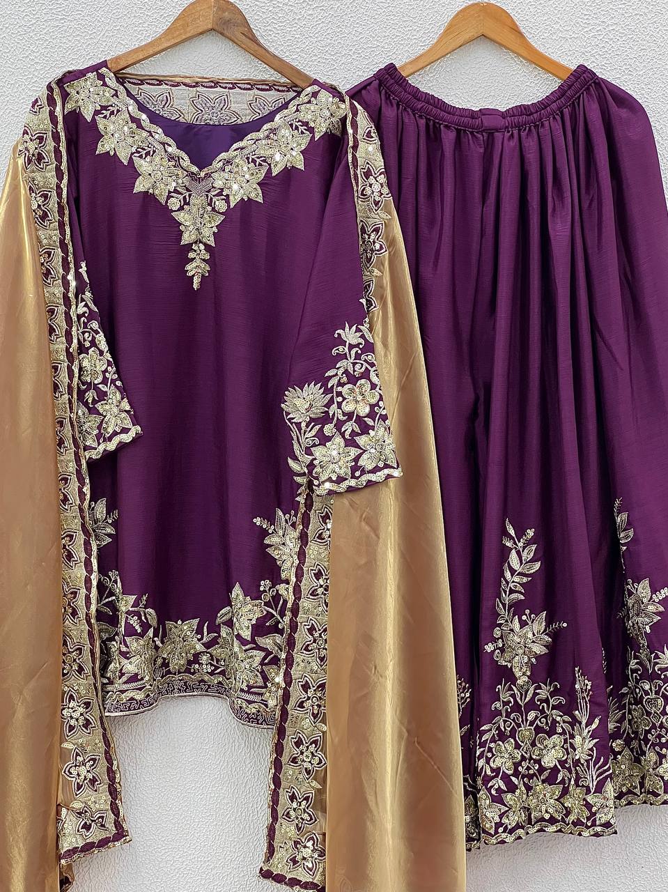 Violet Designer Pure Chinnon Silk Embroidered Palazzo Top and Dupatta