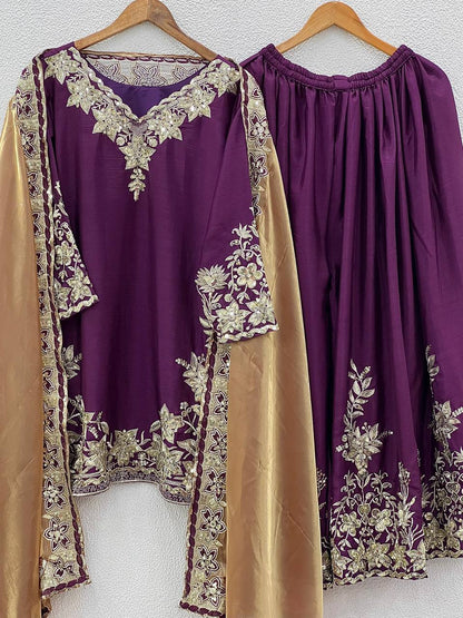 Violet Designer Pure Chinnon Silk Embroidered Palazzo Top and Dupatta