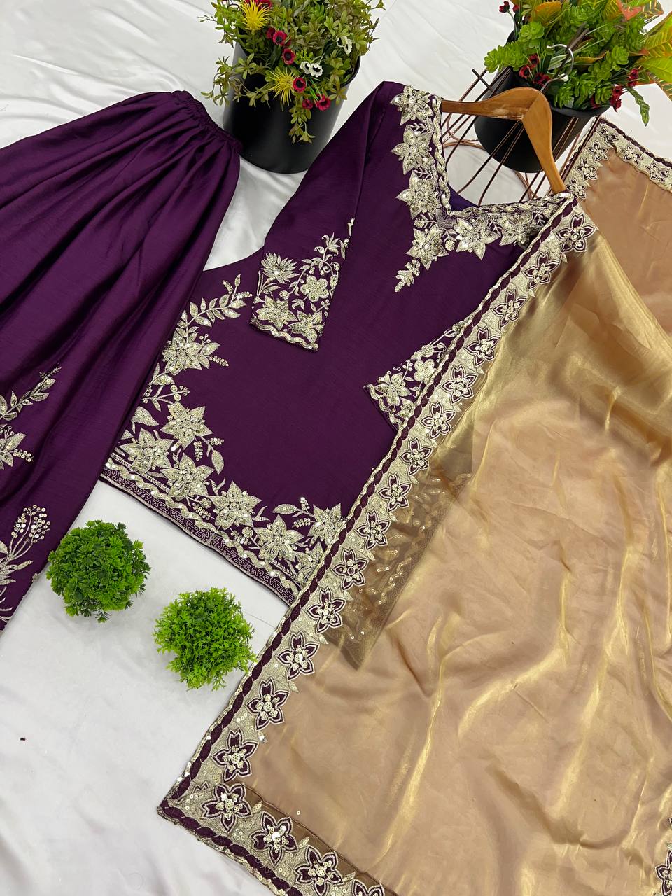 Violet Designer Pure Chinnon Silk Embroidered Palazzo Top and Dupatta