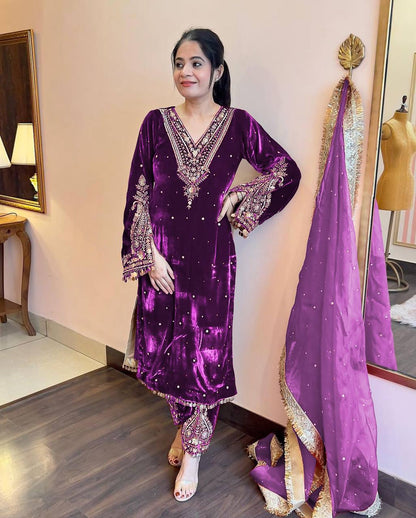 Violet Designer Viscose Velvet Plazzo Top and Dupatta For Party Wear
