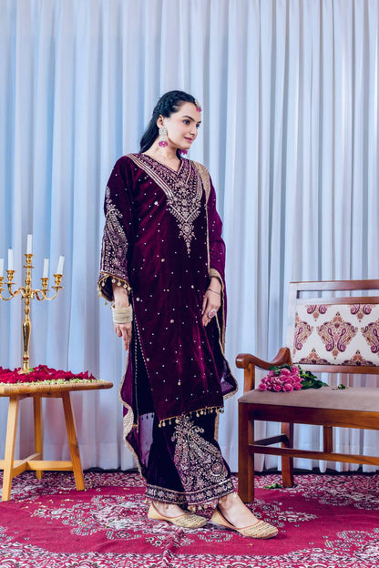 Violet Designer Viscose Velvet Plazzo Top and Dupatta For Party Wear