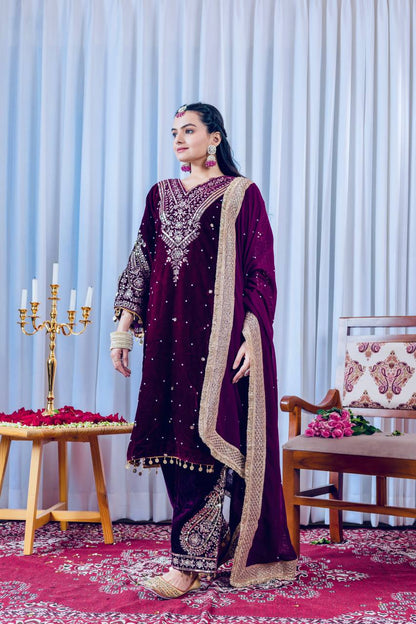 Violet Designer Viscose Velvet Plazzo Top and Dupatta For Party Wear